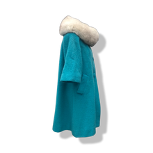 Load image into Gallery viewer, 60’s Turquoise Mohair Pure Wool and Silver Fox Fur “Pour LIlli Ann Paris” Collection Boat Neck Trapeze Swing Coat