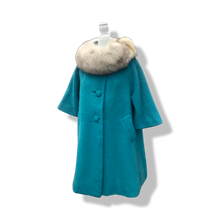 Load image into Gallery viewer, 60’s Turquoise Mohair Pure Wool and Silver Fox Fur “Pour LIlli Ann Paris” Collection Boat Neck Trapeze Swing Coat