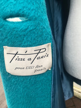 Load image into Gallery viewer, 60’s Turquoise Mohair Pure Wool and Silver Fox Fur “Pour LIlli Ann Paris” Collection Boat Neck Trapeze Swing Coat