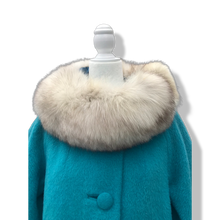 Load image into Gallery viewer, 60’s Turquoise Mohair Pure Wool and Silver Fox Fur “Pour LIlli Ann Paris” Collection Boat Neck Trapeze Swing Coat