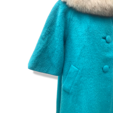 Load image into Gallery viewer, 60’s Turquoise Mohair Pure Wool and Silver Fox Fur “Pour LIlli Ann Paris” Collection Boat Neck Trapeze Swing Coat