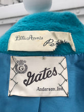 Load image into Gallery viewer, 60’s Turquoise Mohair Pure Wool and Silver Fox Fur “Pour LIlli Ann Paris” Collection Boat Neck Trapeze Swing Coat