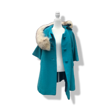 Load image into Gallery viewer, 60’s Turquoise Mohair Pure Wool and Silver Fox Fur “Pour LIlli Ann Paris” Collection Boat Neck Trapeze Swing Coat