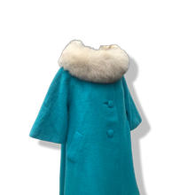 Load image into Gallery viewer, 60’s Turquoise Mohair Pure Wool and Silver Fox Fur “Pour LIlli Ann Paris” Collection Boat Neck Trapeze Swing Coat