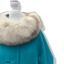 Load image into Gallery viewer, 60’s Turquoise Mohair Pure Wool and Silver Fox Fur “Pour LIlli Ann Paris” Collection Boat Neck Trapeze Swing Coat