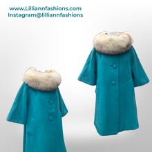 Load image into Gallery viewer, 60’s Turquoise Mohair Pure Wool and Silver Fox Fur “Pour LIlli Ann Paris” Collection Boat Neck Trapeze Swing Coat