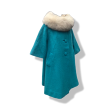 Load image into Gallery viewer, 60’s Turquoise Mohair Pure Wool and Silver Fox Fur “Pour LIlli Ann Paris” Collection Boat Neck Trapeze Swing Coat