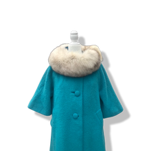 Load image into Gallery viewer, 60’s Turquoise Mohair Pure Wool and Silver Fox Fur “Pour LIlli Ann Paris” Collection Boat Neck Trapeze Swing Coat
