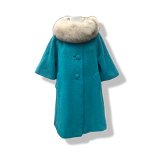 Load image into Gallery viewer, 60’s Turquoise Mohair Pure Wool and Silver Fox Fur “Pour LIlli Ann Paris” Collection Boat Neck Trapeze Swing Coat