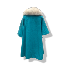 Load image into Gallery viewer, 60’s Turquoise Mohair Pure Wool and Silver Fox Fur “Pour LIlli Ann Paris” Collection Boat Neck Trapeze Swing Coat