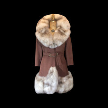 Load image into Gallery viewer, Massive Fox Fur Coat Brown Wool Coat Mod 60s Belted Silver Norwegian Fox Fur M/L