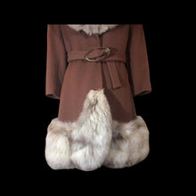 Load image into Gallery viewer, Massive Fox Fur Coat Brown Wool Coat Mod 60s Belted Silver Norwegian Fox Fur M/L