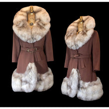 Load image into Gallery viewer, Massive Fox Fur Coat Brown Wool Coat Mod 60s Belted Silver Norwegian Fox Fur M/L