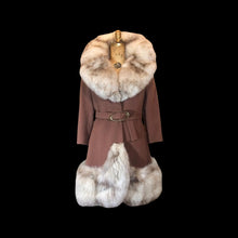 Load image into Gallery viewer, Massive Fox Fur Coat Brown Wool Coat Mod 60s Belted Silver Norwegian Fox Fur M/L