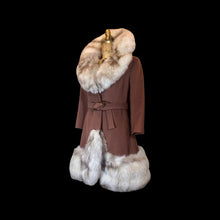 Load image into Gallery viewer, Massive Fox Fur Coat Brown Wool Coat Mod 60s Belted Silver Norwegian Fox Fur M/L