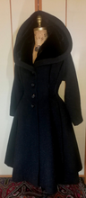 Load image into Gallery viewer, 1940s 1950s New Look Lilli Ann Black Wool Princess Couture Coat Pinup Flecked Wool and Velvet Massive Collar Small Fit and Flare S/M
