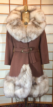 Load image into Gallery viewer, Massive Fox Fur Coat Brown Wool Coat Mod 60s Belted Silver Norwegian Fox Fur M/L
