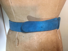 Load image into Gallery viewer, Turquoise Blue Suede Henryks Bijoux Made in Austria Cinch Belt 80s 90s Art Deco Style Jeweled Couture Crystals  Up to 28"