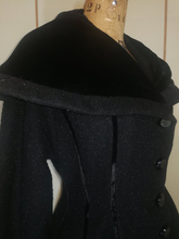 Load image into Gallery viewer, 1940s 1950s New Look Lilli Ann Black Wool Princess Couture Coat Pinup Flecked Wool and Velvet Massive Collar Small Fit and Flare S/M