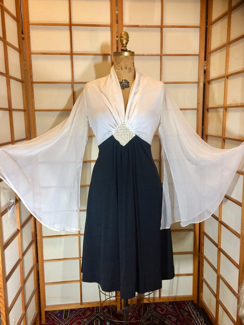 Angel Wing Flare Sleeve Dress-- Maxi 70s Black and White Saturday Nigh LilliAnnFashions Angel Wing Flare Sleeve Dress-- Maxi 70s Black and White Saturday Nigh LilliAnnFashions