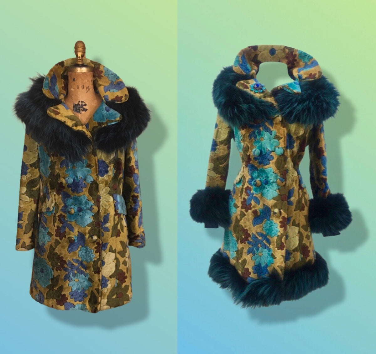 60’s Tapestry Coat with Fox Fur Trim Carpet Brocade Wool