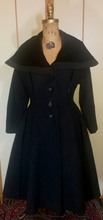 Load image into Gallery viewer, 1940s 1950s New Look Lilli Ann Black Wool Princess Couture Coat Pinup Flecked Wool and Velvet Massive Collar Small Fit and Flare S/M