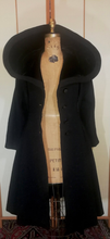 Load image into Gallery viewer, 1940s 1950s New Look Lilli Ann Black Wool Princess Couture Coat Pinup Flecked Wool and Velvet Massive Collar Small Fit and Flare S/M