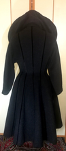 Load image into Gallery viewer, 1940s 1950s New Look Lilli Ann Black Wool Princess Couture Coat Pinup Flecked Wool and Velvet Massive Collar Small Fit and Flare S/M