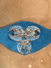 Load image into Gallery viewer, Turquoise Blue Suede Henryks Bijoux Made in Austria Cinch Belt 80s 90s Art Deco Style Jeweled Couture Crystals  Up to 28"