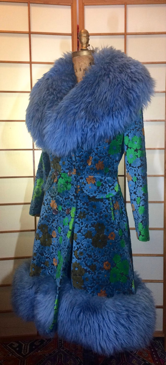 1970s Blue Shearling Carpet Coat Lamb Collar Floral Tapestry Coat