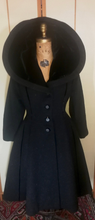 Load image into Gallery viewer, 1940s 1950s New Look Lilli Ann Black Wool Princess Couture Coat Pinup Flecked Wool and Velvet Massive Collar Small Fit and Flare S/M