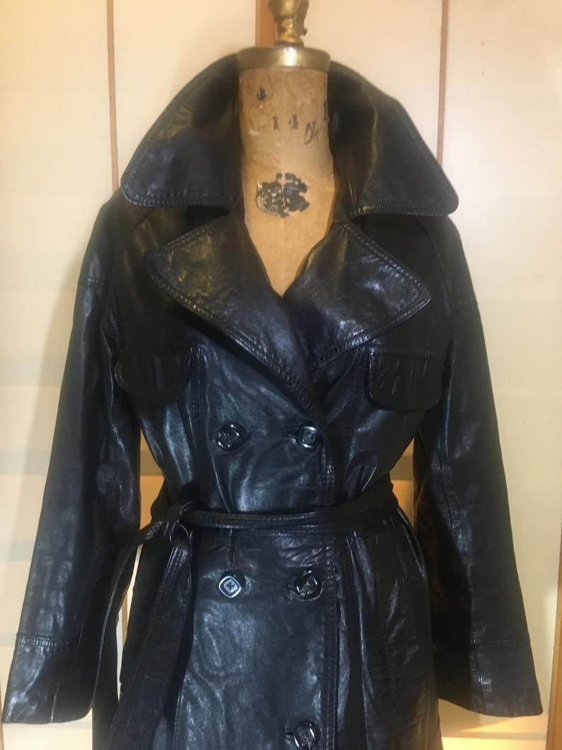Black Leather 70s Trench Spy Coat Black Matrix Goth Jackie Kennedy