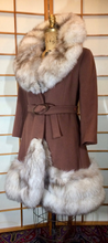 Load image into Gallery viewer, Massive Fox Fur Coat Brown Wool Coat Mod 60s Belted Silver Norwegian Fox Fur M/L