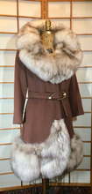 Load image into Gallery viewer, Massive Fox Fur Coat Brown Wool Coat Mod 60s Belted Silver Norwegian Fox Fur M/L