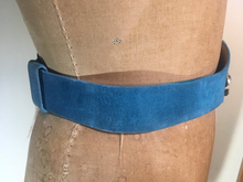 Load image into Gallery viewer, Turquoise Blue Suede Henryks Bijoux Made in Austria Cinch Belt 80s 90s Art Deco Style Jeweled Couture Crystals  Up to 28"
