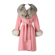Load image into Gallery viewer, 50s 60s Baby Pink Lilli Ann Fox Fur Coat Silver Norwegian Fox Fur Wool, Belted S/M/L Swing/Princess
