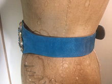 Load image into Gallery viewer, Turquoise Blue Suede Henryks Bijoux Made in Austria Cinch Belt 80s 90s Art Deco Style Jeweled Couture Crystals  Up to 28"