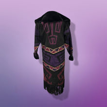 Load image into Gallery viewer, Purple Suede and Genuine Shearling Mosaic Coat with Fringe Western Aztec  Native Cowgirl Inspired Magenta Black and Gold