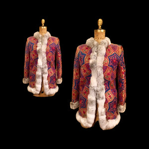 Vintage Women's 70s Coat Embroidered Suede Colorful Bright Mandala Festive Afghan Turkish Genuine Fur Trim