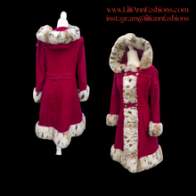 Load image into Gallery viewer, Vintage 70’s Coat Red Princess Spotted Faux Fur Hooded Christmas Holiday Winter Princess