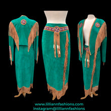 Load image into Gallery viewer, Women’s Western Turquoise Blue Suede Set Jacket and Skirt Genuine Suede and Hand Beaded SouthWestern Native Inspired Cowgirl