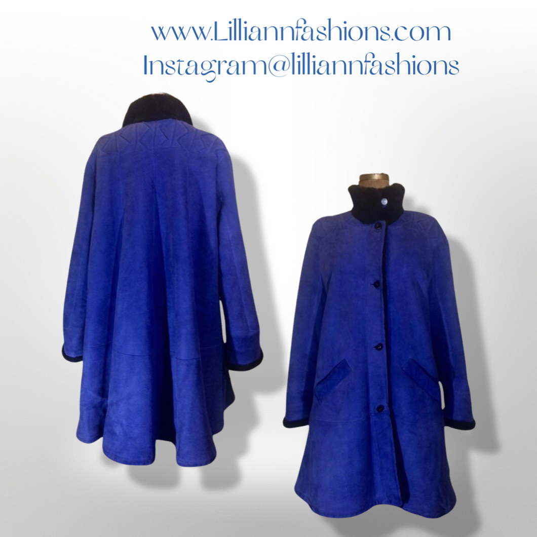 Blue Suede Shearling Coat Birger Christensen Made in Copenhagen Vtg 70s 80s Swing Coat A-Line Penny Lane Hippy