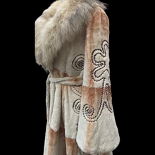 Load image into Gallery viewer, Embroidered Mocha Cream Colored Ombré Sheared Fur Beaver Princess Coat with Crystal Accents Full Skirt and Flared Bell Sleeves Wearable Work of Art One of A Kind
