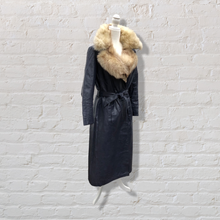 Load image into Gallery viewer, 70’s Navy Leather Coat Trench Spy with Fox Fur Collar