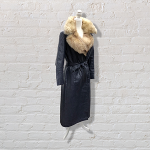 70’s Navy Leather Coat Trench Spy with Fox Fur Collar