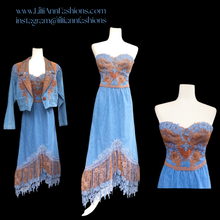 Load image into Gallery viewer, 80’s Vintage Three Piece Jean and Lace Skirt Bustier and Jacket Beaded and Embroidered Cowgirl Cowboy Beyoncé Style