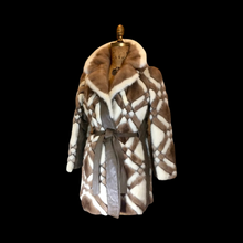 Load image into Gallery viewer, 60s Geometric Jessica Simpson Leather Coat --Mod Mosaic Mink White and Brown Patchwork ColorBlock Coat S/M