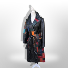 Load image into Gallery viewer, 70s Leather Coat l Black Patchwork Fit Flare Trench Spy Boho Studio 54 Mosaic boho chic One of a Kind