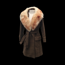 Load image into Gallery viewer, Tweed Plaid Wool Army Green Wrap Coat With Shearling Collar
