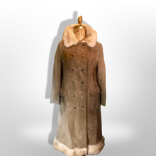 Load image into Gallery viewer, 70s Suede and Sheepskin Shearling Double Breasted Long Coat Military Hippy Penny Lane Almost Famous Made in Finland S/M